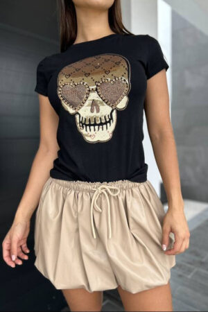 Falda globo tipo cuero beige con diseño moderno y voluminoso