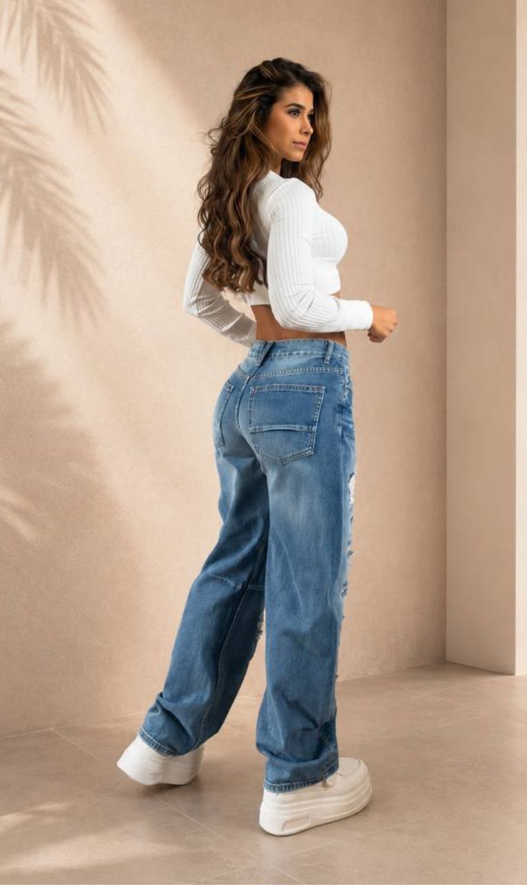 Jean Azul Rígido para Mujer con Desgaste Forrado Jean Azul Rígido para Mujer con Desgaste Forrado
