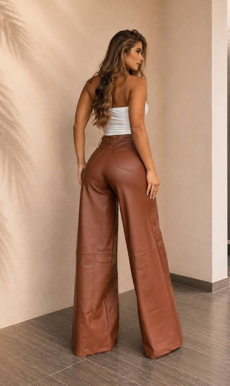 Pantalón Palazzo Café Tipo Cuero para Mujer Pantalón Palazzo Café Tipo Cuero para Mujer