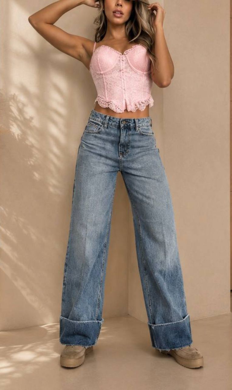 Jean Bota Ancha Stretch para Mujer con Bota Doblada Jeans bota ancha stretch para mujer con bota doblada