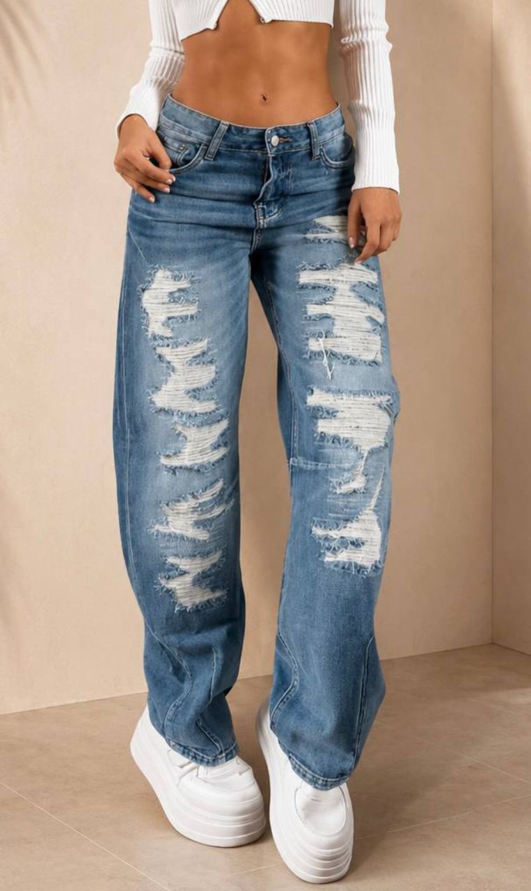 Jean Azul Rígido para Mujer con Desgaste Forrado Jean Azul Rígido para Mujer con Desgaste Forrado