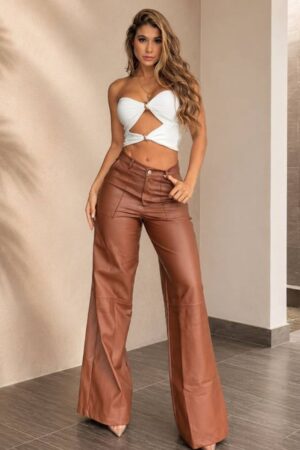 Pantalón Palazzo Café Tipo Cuero para Mujer