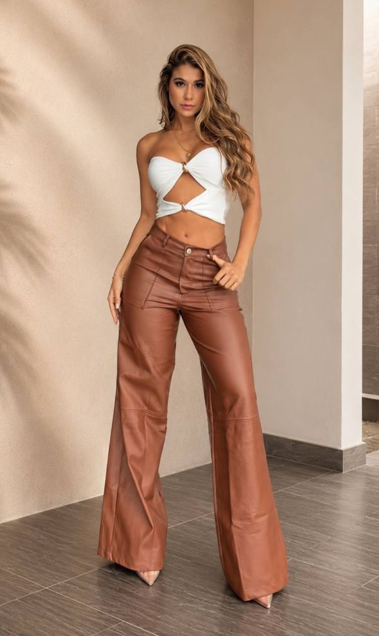 Pantalón Palazzo Café Tipo Cuero para Mujer Pantalón Palazzo Café Tipo Cuero para Mujer