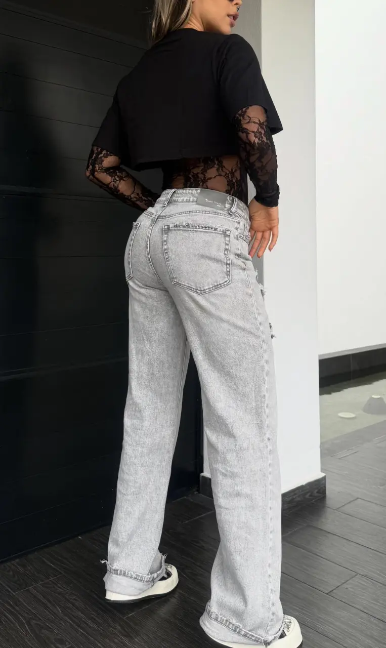 Jean Gris Claro con Desgaste para Mujer Jean Gris Con Desgaste